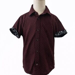 Toddler Boys Button-Up Shirt Size 4 Burgundy Polka Dot Short Sleeve Dress Shirt